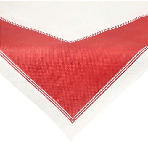 En närbild visar Starpak 20 mittdukar, tygaktig fleece ”soft selection plus” (80x80 cm) duk med vit bakgrund, bred röd kant och tunna vita ränder för en elegant touch.