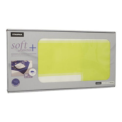 En rektangulär Starpak-låda med texten ”soft selection plus” innehåller 20 gul-vita mittduksservetter (80x80 cm, tyg-liknande fleece), där en vikt servett är synlig genom ett transparent fönster på framsidan.