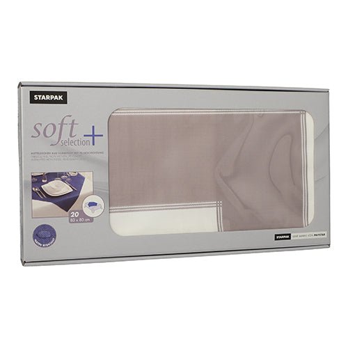 Visas är en rektangulär låda med Starpak 20 mittdukar, tyg-liknande, fleece ”soft selection plus” (80 x 80 cm), tyg-liknande. De tyg-liknande servetterna är synliga genom ett transparent fönster på framsidan av förpackningen.