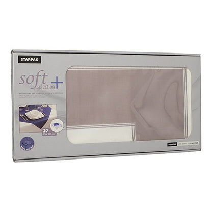 Visas är en rektangulär låda med Starpak 20 mittdukar, tyg-liknande, fleece ”soft selection plus” (80 x 80 cm), tyg-liknande. De tyg-liknande servetterna är synliga genom ett transparent fönster på framsidan av förpackningen.