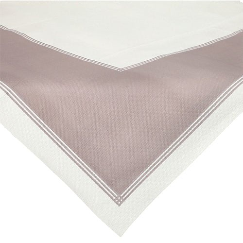 En Starpak 20 mittduksduk, 80x80 cm, tyg-liknande, från fleecekollektionen ”soft selection plus” – vit med taupefärgad kant och dubbla vita ränder – avbildad draperad över ett bordshörn.