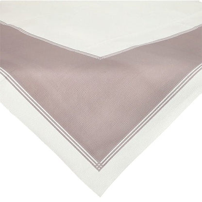 En Starpak 20 mittduksduk, 80x80 cm, tyg-liknande, från fleecekollektionen ”soft selection plus” – vit med taupefärgad kant och dubbla vita ränder – avbildad draperad över ett bordshörn.