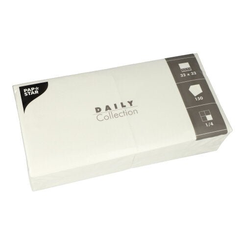 En rektangulär förpackning med 150 servetter "DAILY Collection" från PAPSTAR GmbH, 1/4-vikning, 32x32 cm, i övervägande vit förpackning med diskreta grå accenter.