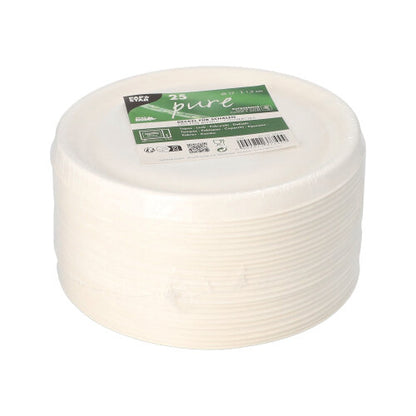 Ein Stapel von 25 weißen PAPSTAR "pure"-Deckeln für Zuckerrohrschalen (Ø 17 cm), verpackt in Klarsichtfolie mit Branding - ideal für die bequeme und umweltfreundliche Gastronomie der PAPSTAR GmbH.