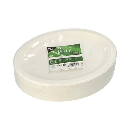 Ein Stapel weißer, ovaler Einwegteller PAPSTAR 50 Teller, Zuckerrohr „pure“ der PAPSTAR GmbH, in Folie verpackt mit grün-weißem Etikett.