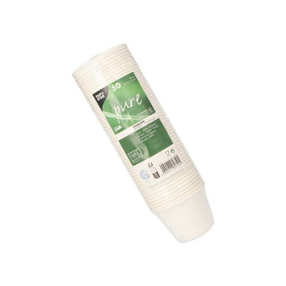 Avbildad är en förpackning med 50 vita PAPSTAR "pure" sockerrörsskålar från PAPSTAR GmbH, insvept i genomskinlig plast med en grön-vit etikett med produktdetaljer och streckkoder.