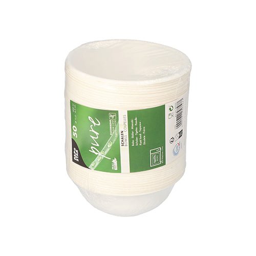 Ett 50-pack PAPSTAR skålar av hållbart sockerrör, vit, biologiskt nedbrytbar och miljövänlig, insvept i folie med grön-vit etikett från PAPSTAR GmbH.