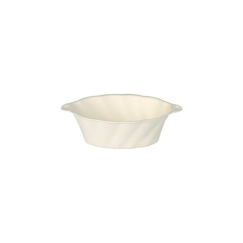 En enkel vit keramisk bakform med små handtag visas - en klassisk kontrast till de hållbara PAPSTAR GmbH fingerfoodskålarna av sockerrör "Wave", 3x9,5x6 cm, vit, folie (50 stycken).