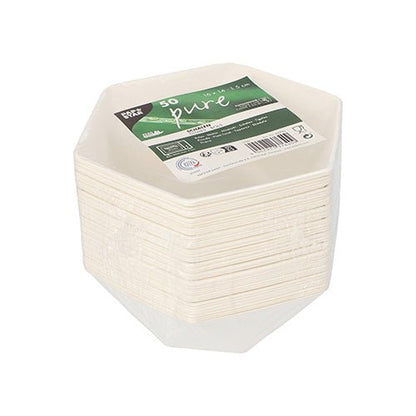 En stapel vita, sexkantiga PAPSTAR skålar av sockerrör ("pure"), 50 stycken, insvepta i plast med grön-vit "50 pure"-klistermärke och produktdetaljer från PAPSTAR GmbH.