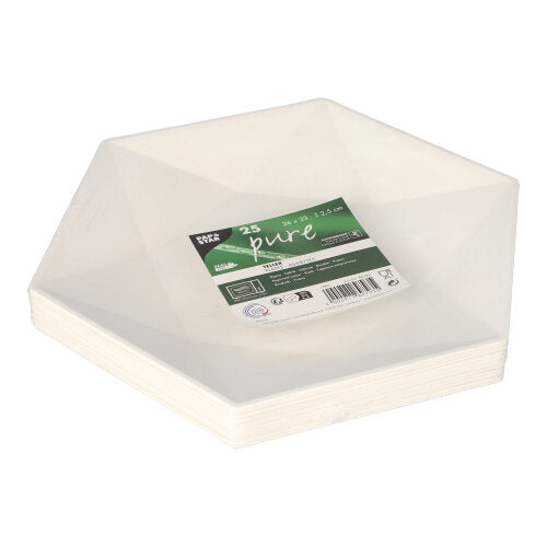 En stapel vita, sexkantiga PAPSTAR Tallrik Sockerrör "pure" 6-kantiga tallrikar (25 stycken, miljövänliga) från PAPSTAR GmbH, med en grön-vit etikett med produktinformation och streckkod på ovansidan.