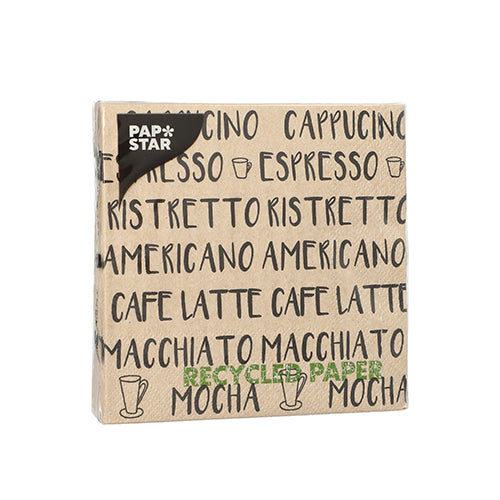 PAPSTAR 20 servetter, 25x25 cm, 3-lagers, med kaffemotiv som Cappuccino och Espresso i svart - idealiska för stilfull bordsdekoration. Märke: PAPSTAR GmbH.