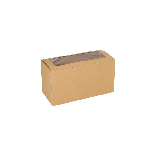 Den PAPSTAR 25 cupcake-lådan, fyrkantig (10 cm) av brunt kartong med PLA-fönster från PAPSTAR GmbH, är biologiskt nedbrytbar och visas på vit bakgrund.