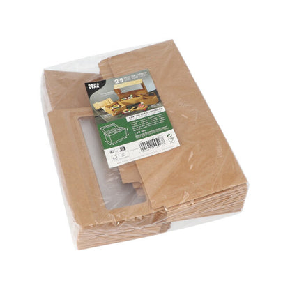 Ett plastförpackat paket med 25 PAPSTAR cupcake-lådor fyrkantig 10 cm med PLA-fönster från PAPSTAR GmbH, med en övre etikett med de monterade lådorna, produktdetaljer och återvinningssymboler.