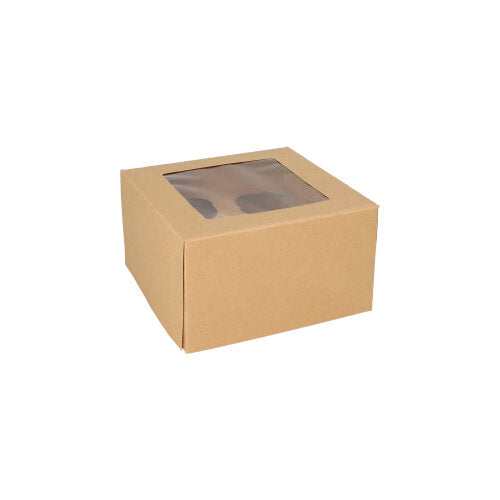 Den PAPSTAR 25 cupcake-lådan fyrkantig 10 cm med PLA-fönster från PAPSTAR GmbH är biologiskt nedbrytbar och presenteras på vit bakgrund.