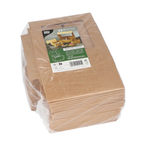 En stapel PAPSTAR 25 cupcake-lådor fyrkantig 10 cm med PLA-fönster, från PAPSTAR GmbH, biologiskt nedbrytbar och inslagen i folie, med etikett på fönstret med produktinformation och användningsbild.