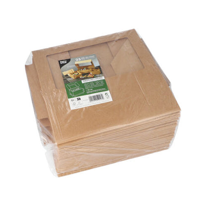 En stapel PAPSTAR 25 cupcake-lådor fyrkantig 10 cm med PLA-fönster, platt och inslagen i folie. Produktetiketten från PAPSTAR GmbH med bilder och text är synlig ovanpå den biologiskt nedbrytbara lådan.