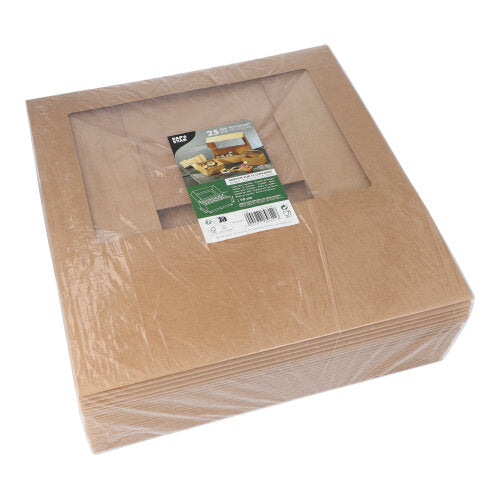 En stapel PAPSTAR 25 cupcake-lådor fyrkantig 10 cm med PLA-fönster från PAPSTAR GmbH är inslagna i plast; ovanpå ligger en produktetikett med bilder och text.