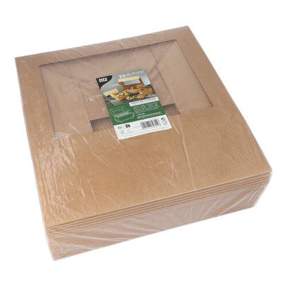 En stapel PAPSTAR 25 cupcake-lådor fyrkantig 10 cm med PLA-fönster från PAPSTAR GmbH är inslagna i plast; ovanpå ligger en produktetikett med bilder och text.