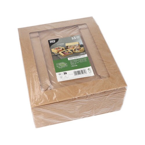 En stapel av 25 PAPSTAR tårtkartonger med lock fyrkantig med PLA-fönster från PAPSTAR GmbH, insvept i plast, med etikett ovanpå som visar produktinformation och användningsbilder.