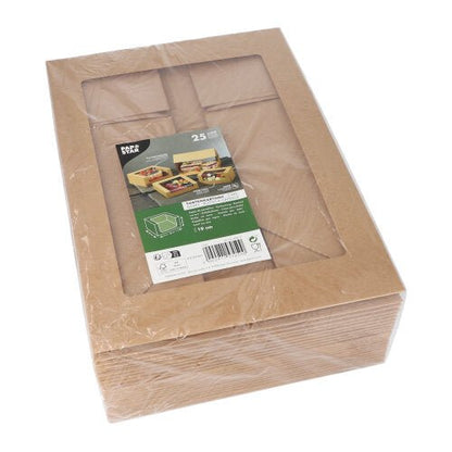 Ett paket med 25 PAPSTAR tårtkartonger med fyrkantigt lock och PLA-siktfönster från PAPSTAR GmbH, insvept i plastfolie och med en grön-vit etikett med bilder av de monterade kartongerna.