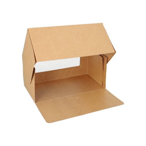 En PAPSTAR GmbH tårtkartong: brun, fyrkantig, med lock och PLA-siktfönster, av kartong. Förpackningen innehåller 25 stycken. Lådan är avbildad på vit bakgrund med öppet lock.