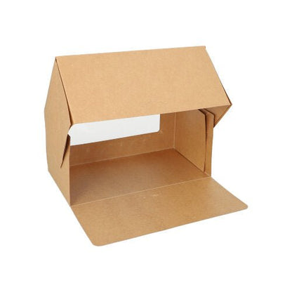 En PAPSTAR GmbH tårtkartong: brun, fyrkantig, med lock och PLA-siktfönster, av kartong. Förpackningen innehåller 25 stycken. Lådan är avbildad på vit bakgrund med öppet lock.