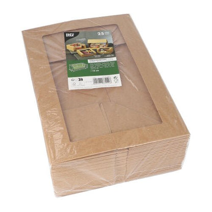 Den PAPSTAR GmbH erbjuder 25 fyrkantiga tårtkartonger med lock och fönster av PLA, miljövänliga, förpackade tillsammans och insvepta i plast. Ovanpå förpackningen finns en grön-vit produktetikett.