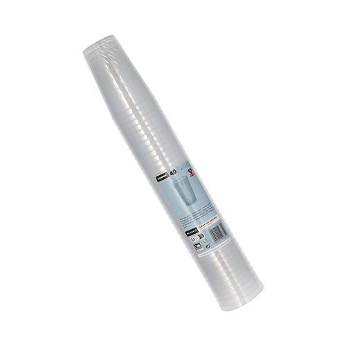 En stapel Starpak 40 okrossbara flergångsglas för äppelvin (0,25 l, Ø 7 cm, 10,5 cm), förpackade i krympfolie med en vit-blå etikett med produktinformation.