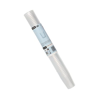 En stapel med 50 klara, okrossbara Starpak återanvändbara glas för snaps av PP, förpackade i cylinderform med blå-vitt etikett runt mitten.