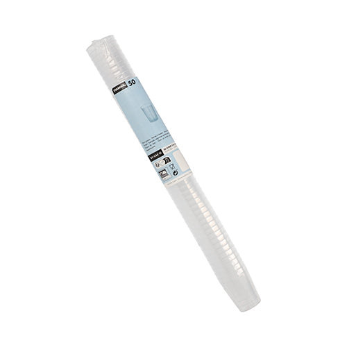 En rulle med 50 Starpak återanvändbara glas för snaps av okrossbar polypropylen (PP) är i transparent förpackning med etikett, varumärkesnamn och en liten bild av ett glas.