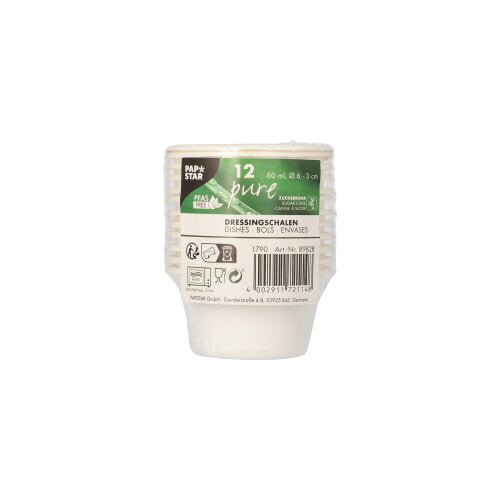 Den PAPSTAR Dressingskålar Sockerrör "pure" Ø 6 cm, vit, 12-set är en liten, vit, räfflad engångsbägare för dressingar (60 ml), miljövänlig & biologiskt nedbrytbar, från PAPSTAR GmbH. Inklusive streckkoder och återvinningssymboler på den inplastade förpackningen (12 stycken).