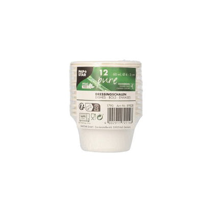 Den PAPSTAR Dressingskålar Sockerrör "pure" Ø 6 cm, vit, 12-set är en liten, vit, räfflad engångsbägare för dressingar (60 ml), miljövänlig & biologiskt nedbrytbar, från PAPSTAR GmbH. Inklusive streckkoder och återvinningssymboler på den inplastade förpackningen (12 stycken).