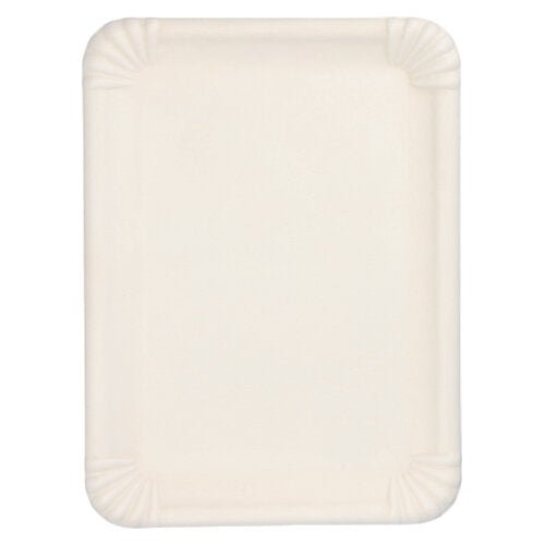 Den PAPSTAR serveringsfatet sockerrör "pure" fyrkantigt, 26x35 cm, vit (6 stycken) från PAPSTAR GmbH är en rektangulär, biologiskt nedbrytbar vit bricka med upphöjda kanter och hörnribbor, fotograferad tom ovanifrån.