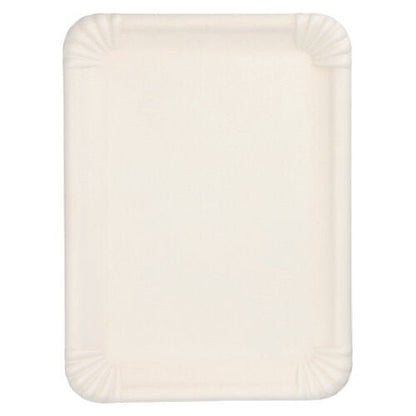 Den PAPSTAR serveringsfatet sockerrör "pure" fyrkantigt, 26x35 cm, vit (6 stycken) från PAPSTAR GmbH är en rektangulär, biologiskt nedbrytbar vit bricka med upphöjda kanter och hörnribbor, fotograferad tom ovanifrån.