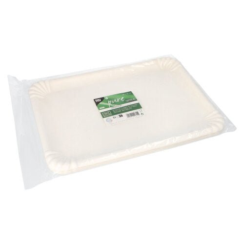 Ett paket med 6 rektangulära vita PAPSTAR serveringsfat sockerrör "pure" (26x35 cm) i krympplast med en grön-vit etikett; biologiskt nedbrytbar och miljövänlig.