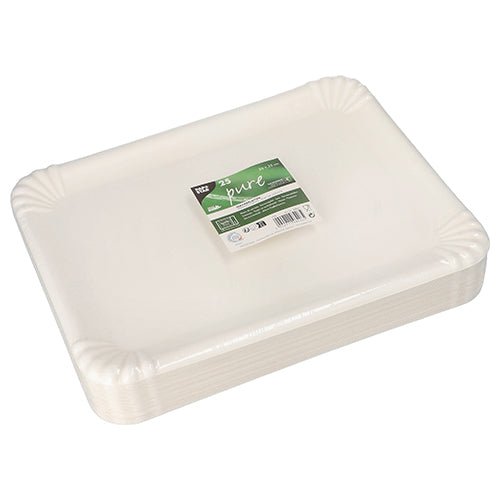 Ett paket med 25 rektangulära vita PAPSTAR serveringsfat av sockerrör "pure" 26x35 cm från PAPSTAR GmbH, komposterbara och miljövänliga engångsskålar med räfflad kant, tillverkade av sockerrör och förpackade i krympfolie.