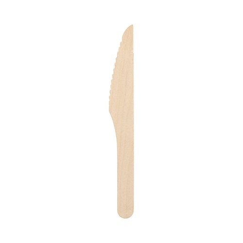 En PAPSTAR träkniv "pure" (16,5 cm, miljövänlig och stabil, 250 stycken, PAPSTAR GmbH) är avbildad vertikalt med bladet uppåt mot en enkel vit bakgrund.