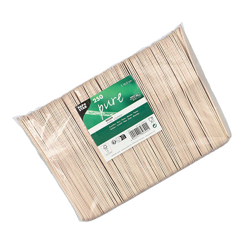 250 stycken PAPSTAR träknivar "pure", 16,5 cm, miljövänliga och stabila från PAPSTAR GmbH, med grönt och vitt etikett med produktinformation och streckkod på framsidan.