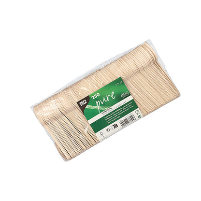 Klarsichtpackung mit 250 PAPSTAR Kaffeelöffeln Holz "pure", 11 cm, umweltfreundlich und stabil, mit grün-weißem Etikett mit Produktinfo und PAPSTAR GmbH-Branding; die biologisch abbaubaren Löffel sind sauber nebeneinander gestapelt.