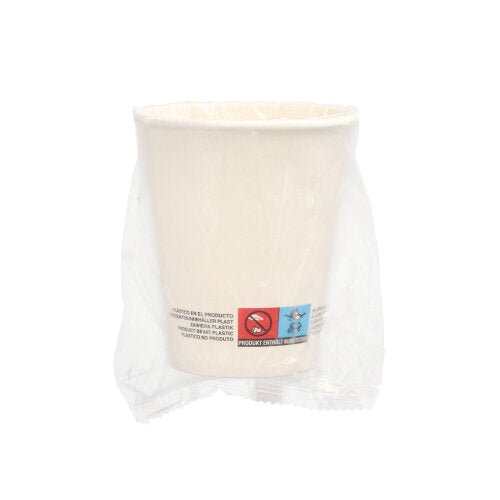 Ett set med 25 vita Starpak-pappersmuggar (0,2 l, Ø 8 cm, 9,2 cm), var och en individuellt förpackad i genomskinlig plast med synliga varningar - ett miljövänligt alternativ till engångsmuggar.