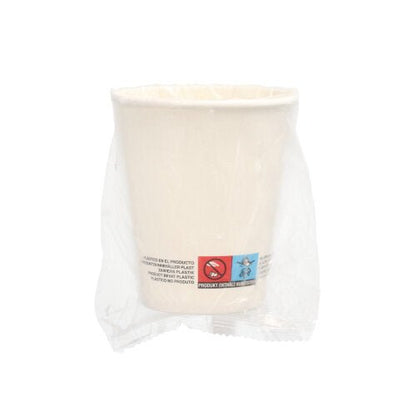 Ett set med 25 vita Starpak-pappersmuggar (0,2 l, Ø 8 cm, 9,2 cm), var och en individuellt förpackad i genomskinlig plast med synliga varningar - ett miljövänligt alternativ till engångsmuggar.
