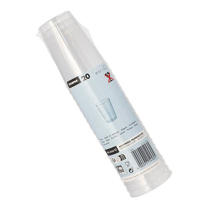 Ett plastförpackat paket med 20 Starpak återanvändbara dricksglas, PP, 0,1 l, Ø5,2 cm × 7,4 cm, genomskinlig och okrossbar, med en etikett med produktdetaljer, koppillustration, streckkoder och återvinningssymboler.