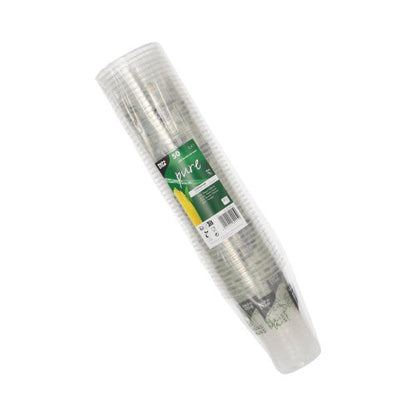 En stapel genomskinliga PAPSTAR 50 drickbägare PLA "Bägare av majs" från PAPSTAR GmbH, inslagna i plast med en grön etikett med texten "50 bägare", en majsbild och en text som framhäver dessa miljövänliga bägare.