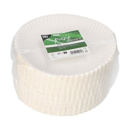 100 miljövänliga, runda PAPSTAR PAPPSTALLRIKAR djup (Ø 22 cm) av kartong "pure" i plastförpackning med grön-vit etikett från PAPSTAR GmbH.