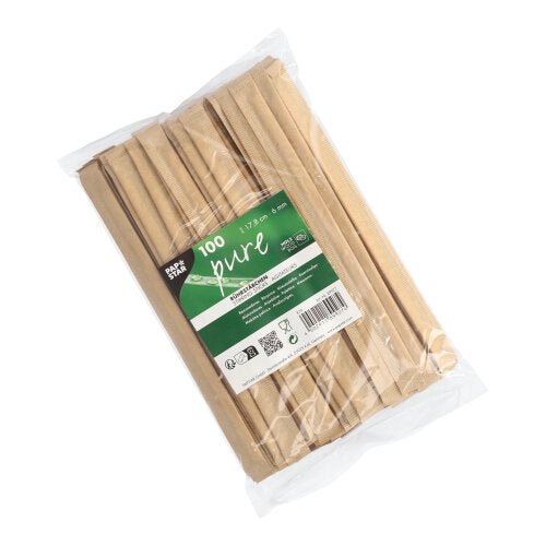 En genomskinlig plastpåse innehåller 100 PAPSTAR rörpinnar trä "pure" 17,8 cm, individuellt inslagna i folie, var och en med en grön-vit PAPSTAR GmbH-etikett på framsidan.