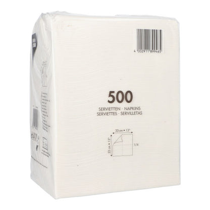 En plastförpackad 500-pack PAPSTAR servetter 1-lagers, vit, 33x33 cm, 1/4-vikt från PAPSTAR GmbH står upprätt; på förpackningen finns en streckkod, flerspråkig information och en enkel servettvikningsritning.