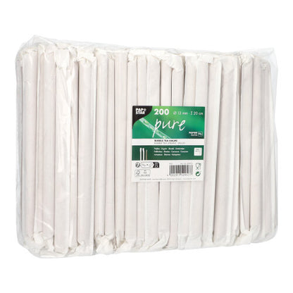 En klar plastförpackning från PAPSTAR GmbH innehåller 200 bruna, spetsiga Bubble Tea sugrör (Ø12mm, 20cm). Etiketten på framsidan informerar om storlek, mängd, varumärke och miljövänlighet - perfekt för Bubble Tea-fans.