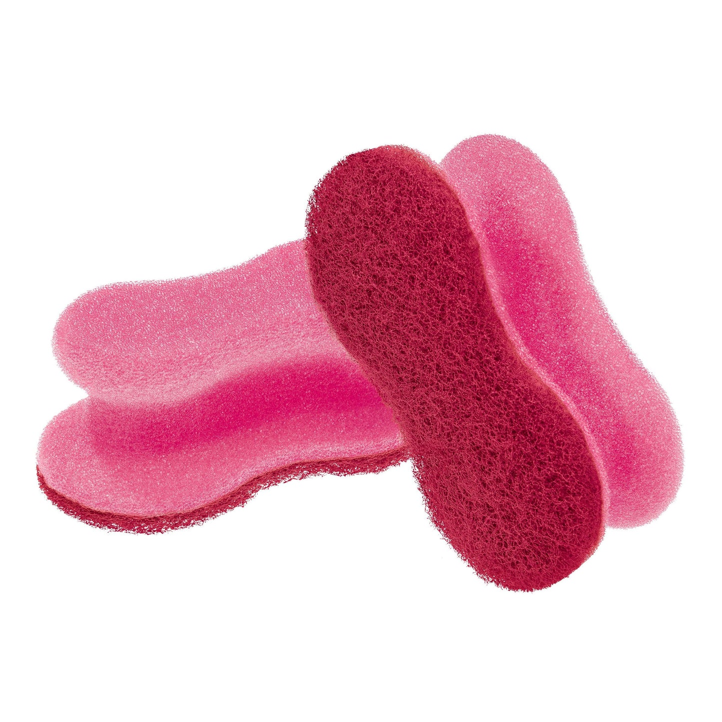 Zwei rosafarbene Scotch-Brite® Delicate Color Comfort nicht kratzender Reinigungsschwamm von 3M Deutschland GmbH sind gestapelt auf weißem Hintergrund abgebildet. Sie reinigen schonend empfindliche Oberflächen und hinterlassen keine Kratzer. Die Packung enthält 2 Stück.