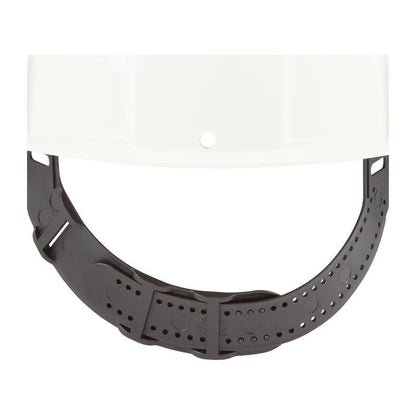 En närbild av 3M™ skyddshjälm G3000C Uvicator från 3M Deutschland GmbH visar ett svart plastband med storleksjusterbara hål och ett låsstift, som understryker fokus på arbetssäkerhet.