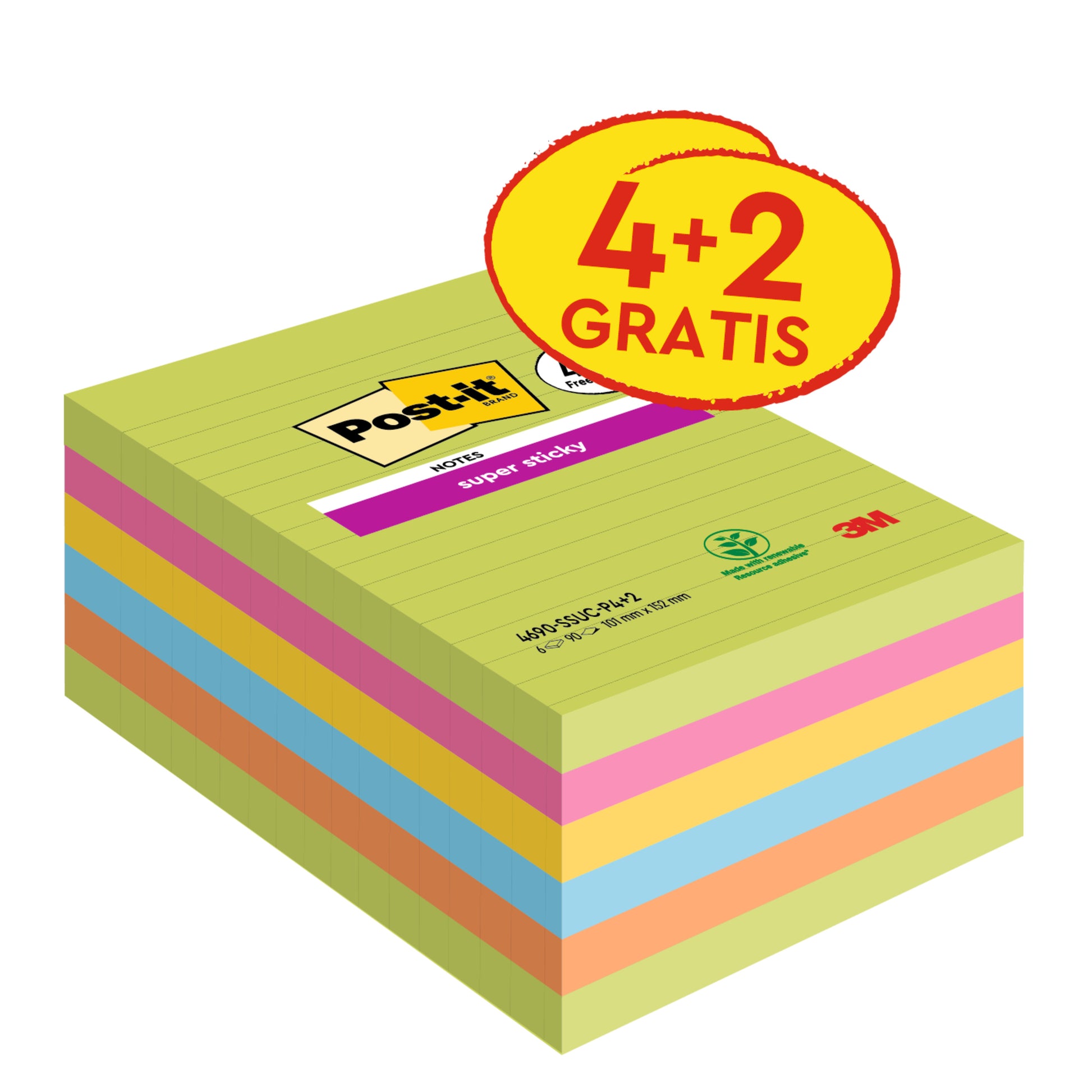 Eine Packung Post-it® Super Sticky Notes im Großformat, liniert, 101 x 152 mm, verschiedene Farben. Enthält 4 Blöcke + 2 Gratis (Promotion), je 90 Blatt. Von 3M Deutschland GmbH, 100% PEFC-zertifiziert (SGSCH-PEFC-COC-110078).